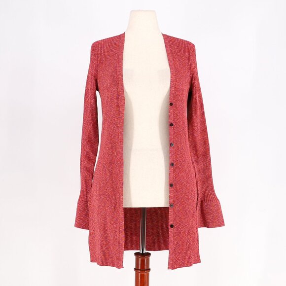 THEORY Space Dye Rib Cardigan Bell Cuff V-Neck in Sunset Multi Size L - Picture 6 of 9